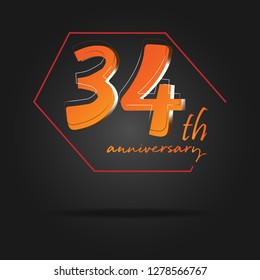 34 years anniversary design template Vector and illustration, orange in collaboration with red and black background, perfect for greeting cards