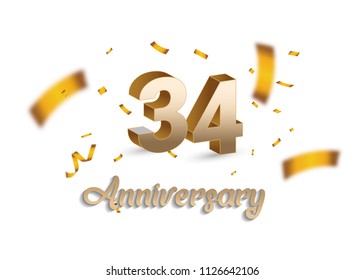 34 Years Anniversary with golden 3d number and blur confetti isolated on white background