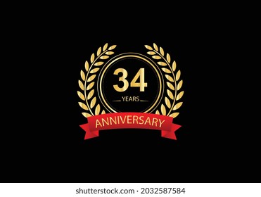 34 years anniversary golden and red color with on black background for anniversary celebration event