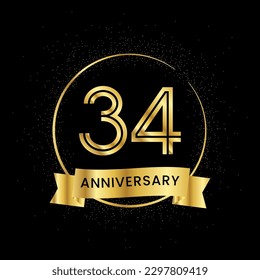 34 years anniversary inside a golden circle and glitter spread on a black background. Golden number anniversary