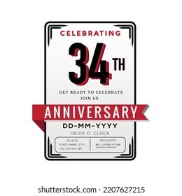 34 Years Anniversary Logo Celebration and Invitation Card with red ribbon Isolated on white Background