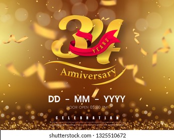 34 years anniversary logo template on gold background. 34th celebrating golden numbers with red ribbon vector and confetti isolated design elements