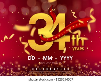 34 years anniversary logo template on gold background. 34th celebrating golden numbers with red ribbon vector and confetti isolated design elements