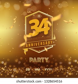 34 years anniversary logo template on gold background. 34th celebrating golden numbers with red ribbon vector and confetti isolated design elements