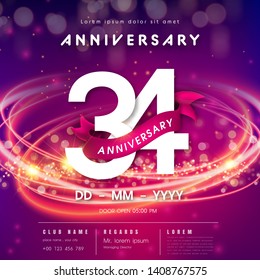 34 years anniversary logo template on purple Abstract futuristic space background. 34th modern technology design celebrating numbers with Hi-tech digital network technology concept design elements.