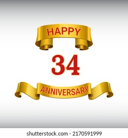 34 years anniversary logo template. Red numbers with golden ribbon.