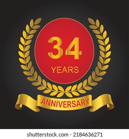 34 years anniversary logo template. gold numbers with golden ribbon.