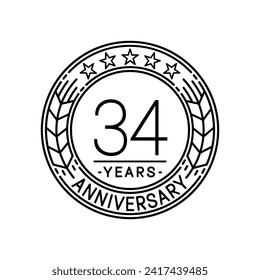 34 years anniversary logo template. 34th line art vector and illustration.