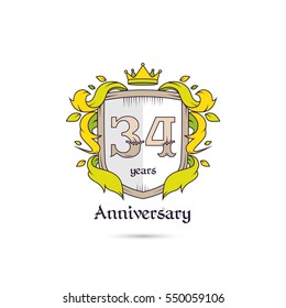 34 Years Anniversary Logo Using Heraldic Theme, Colorful and Isolated on white background