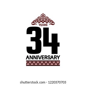 34 years anniversary logotype brown color with traditional ornament isolated on white background