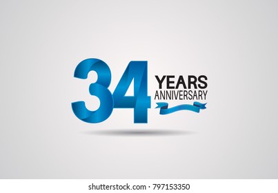 34 years anniversary logotype design with blue color and ribbon isolated on white background for celebration event