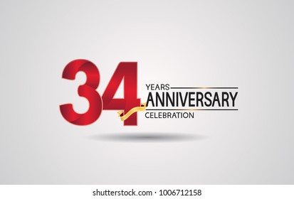 34 years anniversary logotype with red color and golden ribbon isolated on white background for celebration event