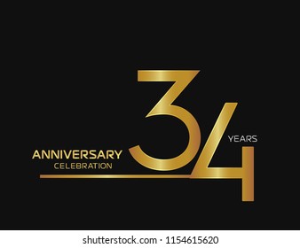 34 years anniversary logotype with single line golden and silver color for celebration