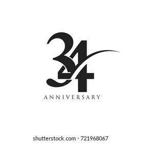 34 years anniversary pictogram vector icon, simple years birthday logo label, black and white stamp isolated