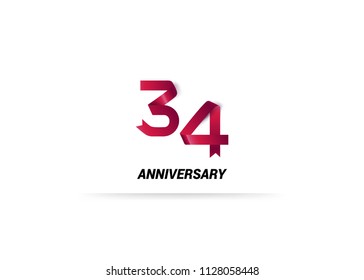 34 Years Anniversary Red ribbon form number font. isolated on white background. 