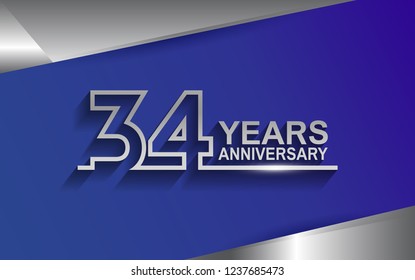 34 years anniversary silver color line style isolated on blue background