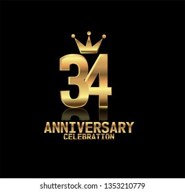 34 years anniversary simple design with golden font and crown with reflection golden number. Elegant, simple, and luxury design. Design with shadow or reflection under number