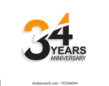 34 years anniversary simple design with white slash in orange and black number for celebration event