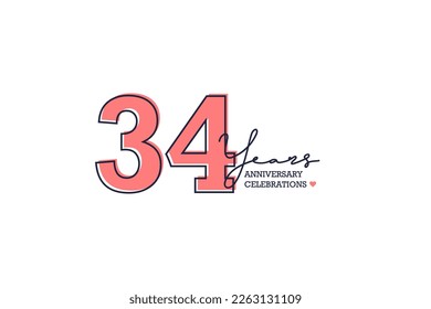 34 years anniversary. Anniversary template design concept with peach color and black line, design for event, invitation card, greeting card, banner, poster, flyer, book cover and print. Vector Eps10