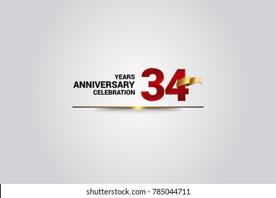 34 Years anniversary using red elegant number isolated on white background, with golden ribbon ca be use as celebration event logo
