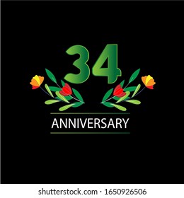 34 Years anniversary. Vector design greeting card with decorative floral for celebration