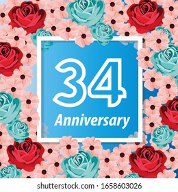 34 Years anniversary. Vector design greeting card with decorative floral for celebration