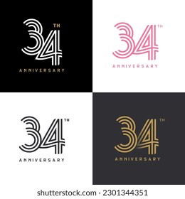 34 years anniversary vector number icon, birthday logo label, black, white and colors stripe number