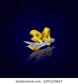 34 years anniversary Vector Template Design with golden color and silver ribbon isolated on blue sunburst background illustration for celebration event - Vector