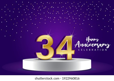 Ilustración de diseño de plantillas vectoriales de 34 años. Números 3d azules con escenario de podio para celebración