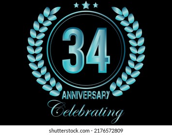 34 years blue sapphire anniversary logo, with shiny ring and laurel wreath isolated on black background, vector design.