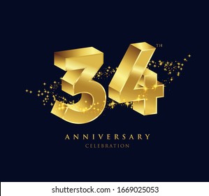34 years golden 3D anniversary celebration logo vector.