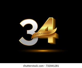 34 years golden anniversary logo celebration with ribbon