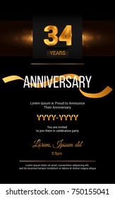 34 Years Golden Anniversary Logo Celebration and Invitation Card with gold ribbon Isolated on Dark  Background
