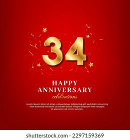 34 years of golden numbers, anniversary celebrating text, ad anniversary congratulation text with golden confetti spread on a red background