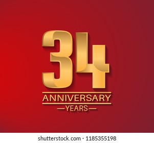 34 years golden shiny anniversary simple design with red background. Vector template for company celebration event, greeting card and invitation card