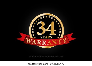 34 years golden warranty logo with ring and red ribbon isolated on black background, vector design for product warranty, guarantee, service, corporate, and your business.