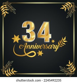 34 years old luxurious logo. anniversary year of vector gold colored template framed of palms.
