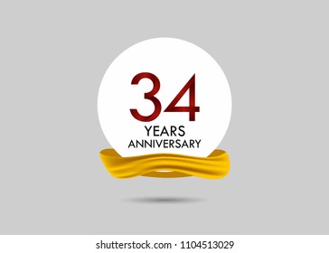 34 years red anniversary vector design inside white circle with golden ribbon for celebration event 