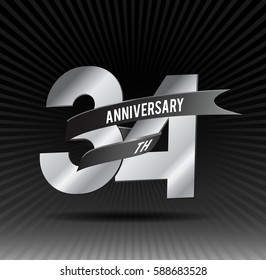 34 years silver anniversary logo celebration with ring and ribbon.