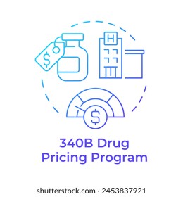 340B Drug Preise Programm Blau Gradient Concept Icon. Öffentlicher Dienst, Pflegeeinrichtung. Darstellung der runden Formlinie. Abstrakte Idee. Grafikdesign. Einfach zu bedienen in Infografik, Artikel