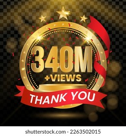 340M+ Views Logotype with Gold and red Confetti Isolated on Black Background(PNG), Vector design for video display celebration.