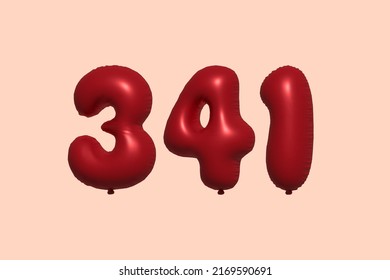 341 globo 3d número hecho de renderización 3d de globo metálico realista. Globos 3D de helio rojo para la venta decoración Fiesta Cumpleaños, Celebración de Aniversario, Fiesta de la Boda. Ilustración del vector