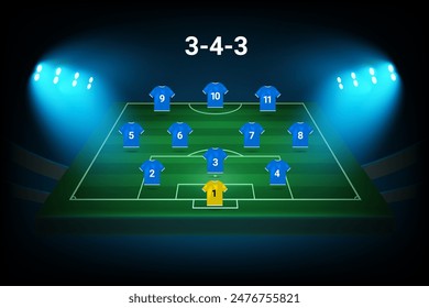3-4-3 football team formation template. Soccer players with numbers. Vector template