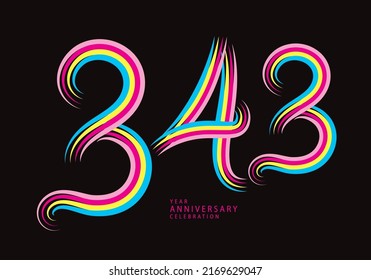 343 number design vector, graphic t shirt, 343 years anniversary celebration logotype colorful line,343th birthday logo, Banner template, logo number elements for invitation card, poster, t-shirt.