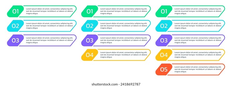 3,4,5 pasos o opciones info set gráfico. Diagrama de lista, gráfico con cinco niveles. Infografía empresarial, presentación, diseño moderno con elementos verticales. Ilustración vectorial.