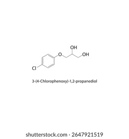 Estrutura esquelética de 3-(4-clorofenoxi)-1,2-propanodiol Ilustração esquemática do composto alcoólico de éter arílico halogenado. Diagrama simples, fórmula química.
