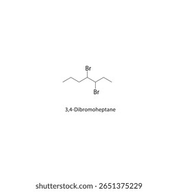 3,4-Dibromoheptane skeletal structure. Halogenated alkane compound schematic illustration. Simple diagram, chemical formula.