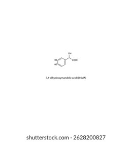 Estrutura esquelética do ácido 3,4-di-hidroximandélico (DHMA) Metabolito intermédio da ilustração esquemática do composto de noradrenalina. Diagrama simples, fórmula química.