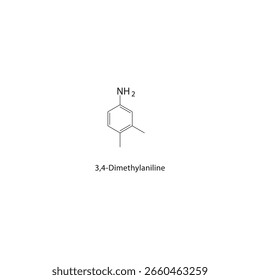 3,4-Dimethylaniline skeletal structure. Aniline Derivative compound schematic illustration. Simple diagram, chemical formula.