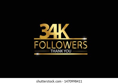 34k, 34.000 Followers celebration logotype. anniversary logo with golden and Spark light white color isolated on black background for social media - Vector